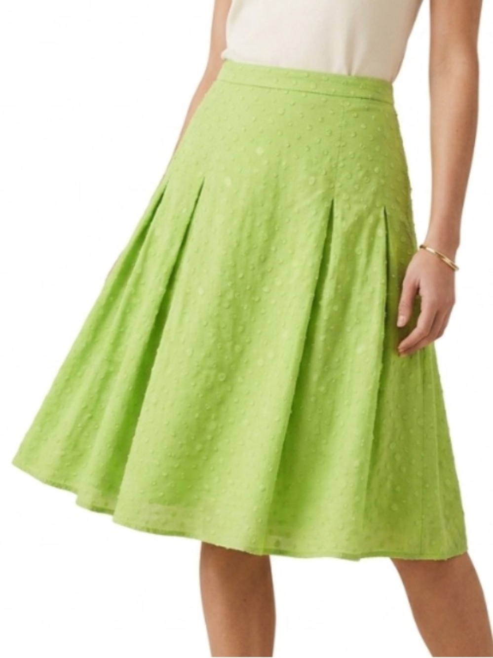 ANN TAYLOR Lime Green Pleated Skirt Textured Swiss Dot Swing Skirt size 14